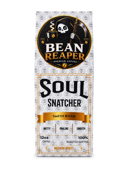 Bean Reaper Soul Snatcher coffee bag front — Smith River, 12 oz medium roast with nutty, praline and smooth tasting notes