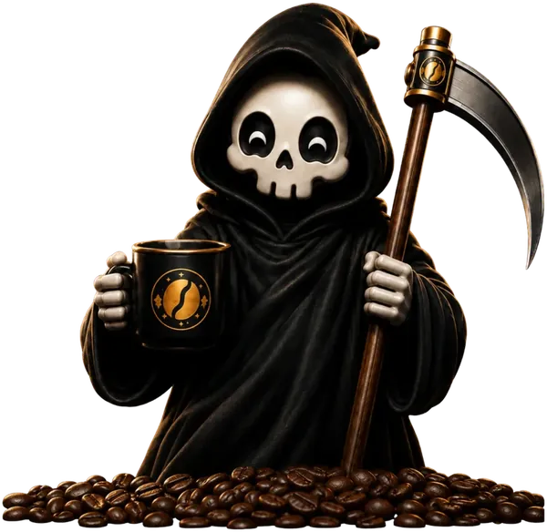 The Bean Reaper mascot — a friendly hooded skeleton holding a steaming Bean Reaper coffee mug and a scythe, standing in a bed of freshly roasted coffee beans