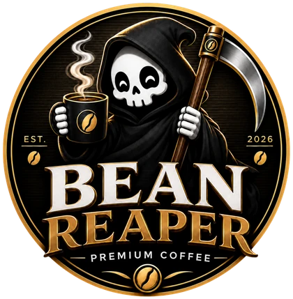 Bean Reaper logo — friendly hooded reaper mascot holding a coffee mug and scythe