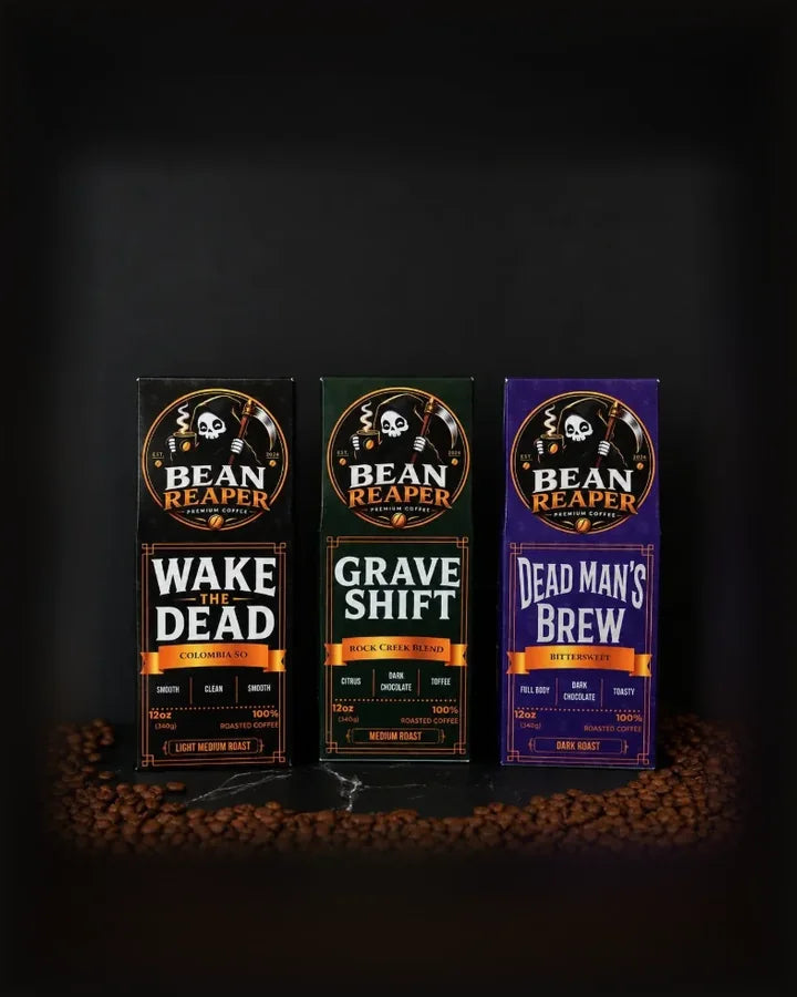 The Reaper’s Sampler — three 12 oz Bean Reaper coffee bags: Wake The Dead, Grave Shift and Dead Man’s Brew